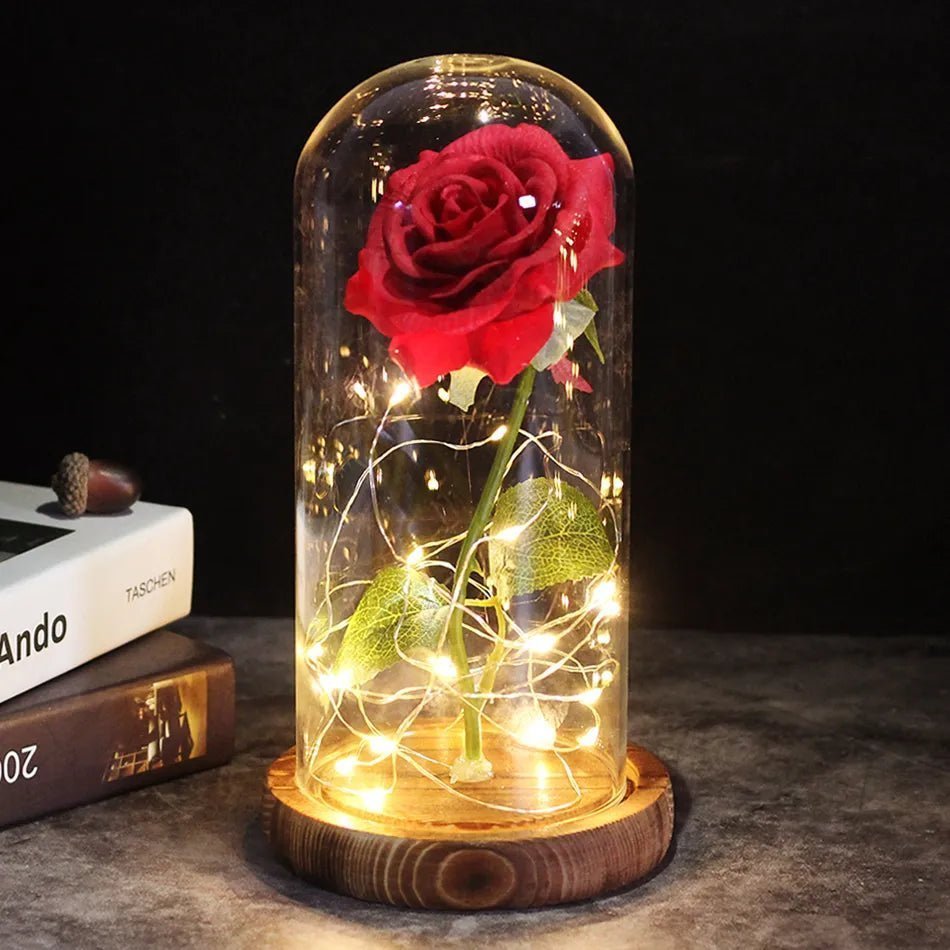 Rose Galaxie LED Romantique pour Décoration de Mariage et Cadeaux - Fleur Éternelle avec Couvercle en Verre et Lumières Blanc Chaud - Plante-pousse-plus