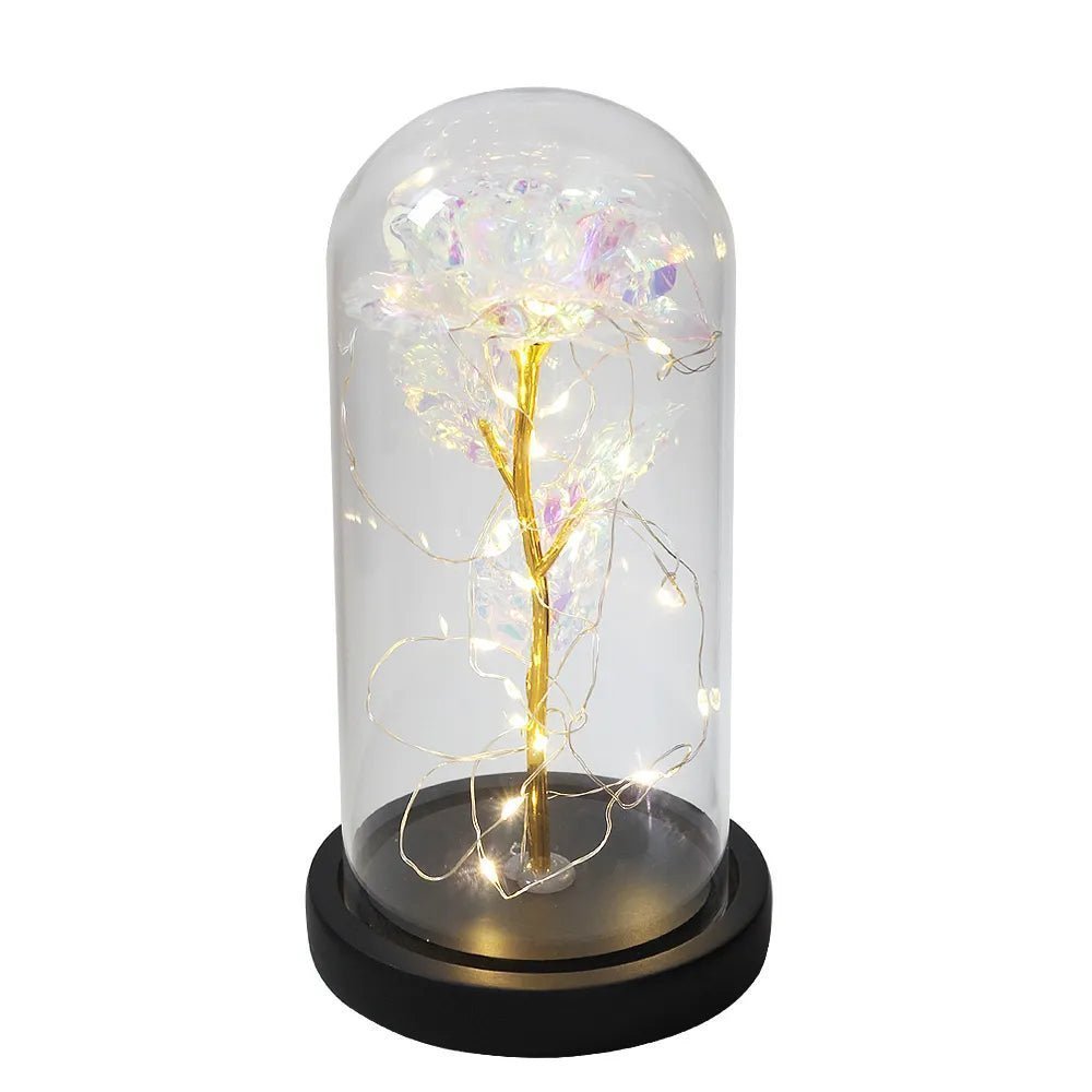 Rose Galaxie LED Romantique pour Décoration de Mariage et Cadeaux - Fleur Éternelle avec Couvercle en Verre et Lumières Blanc Chaud - Plante-pousse-plus